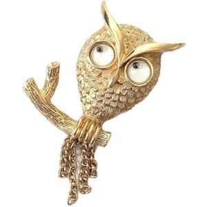 Vtg Avon Owl Googly Eyes Brooch Goldtone Chain Tassel Figural Bird on Branch